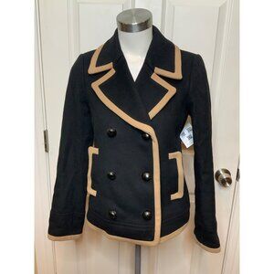 J.Crew "Black Peacoat Wool by Nello Gori" Double Breasted Tan Trim, Size 4